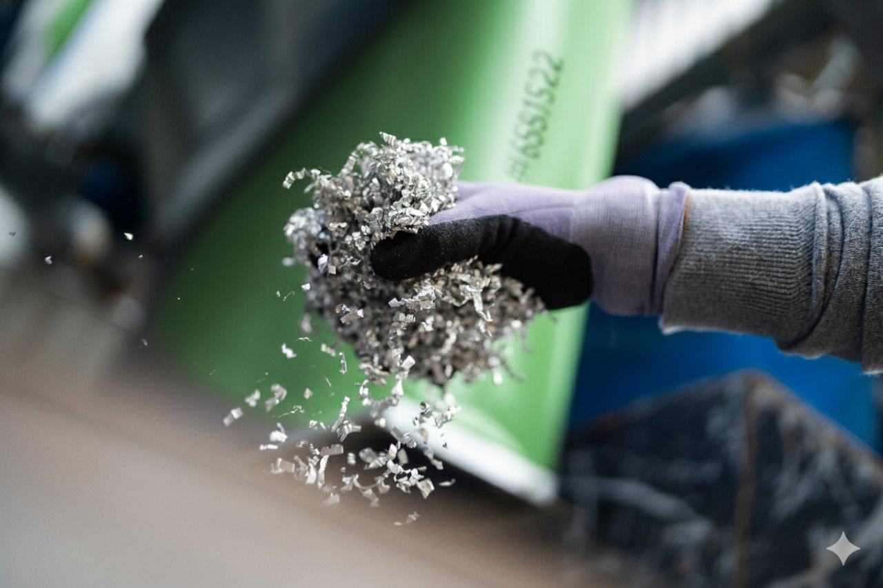Eine behandschuhte Hand hält einen Haufen glänzender Metallspäne über einem grünen Behälter.